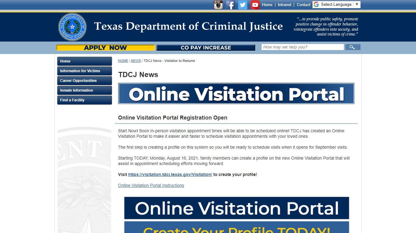 TDCJ News - Visitation to Resume - Texas Department of Criminal Justice