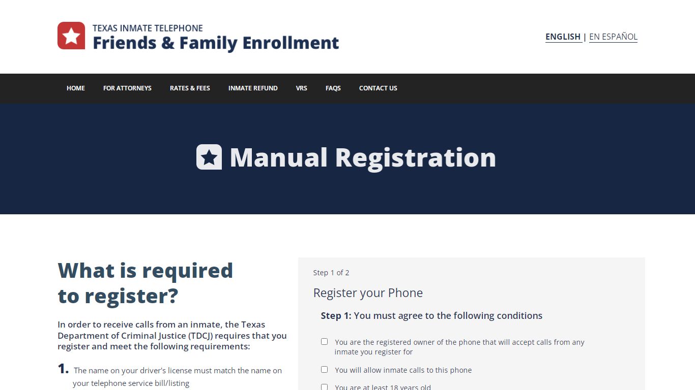 Texas offender telephone friends and family - Manual Registration